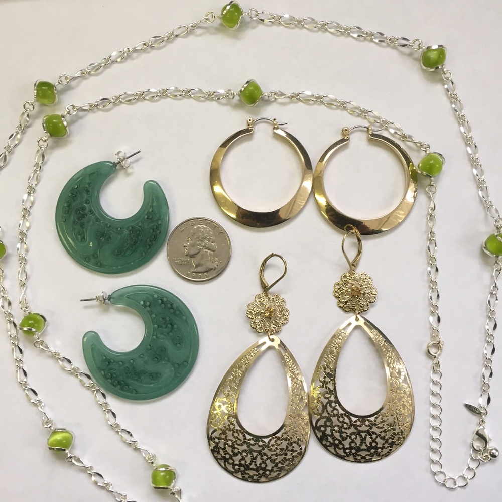 3 pr Avon pierced earrings + Green bead necklace